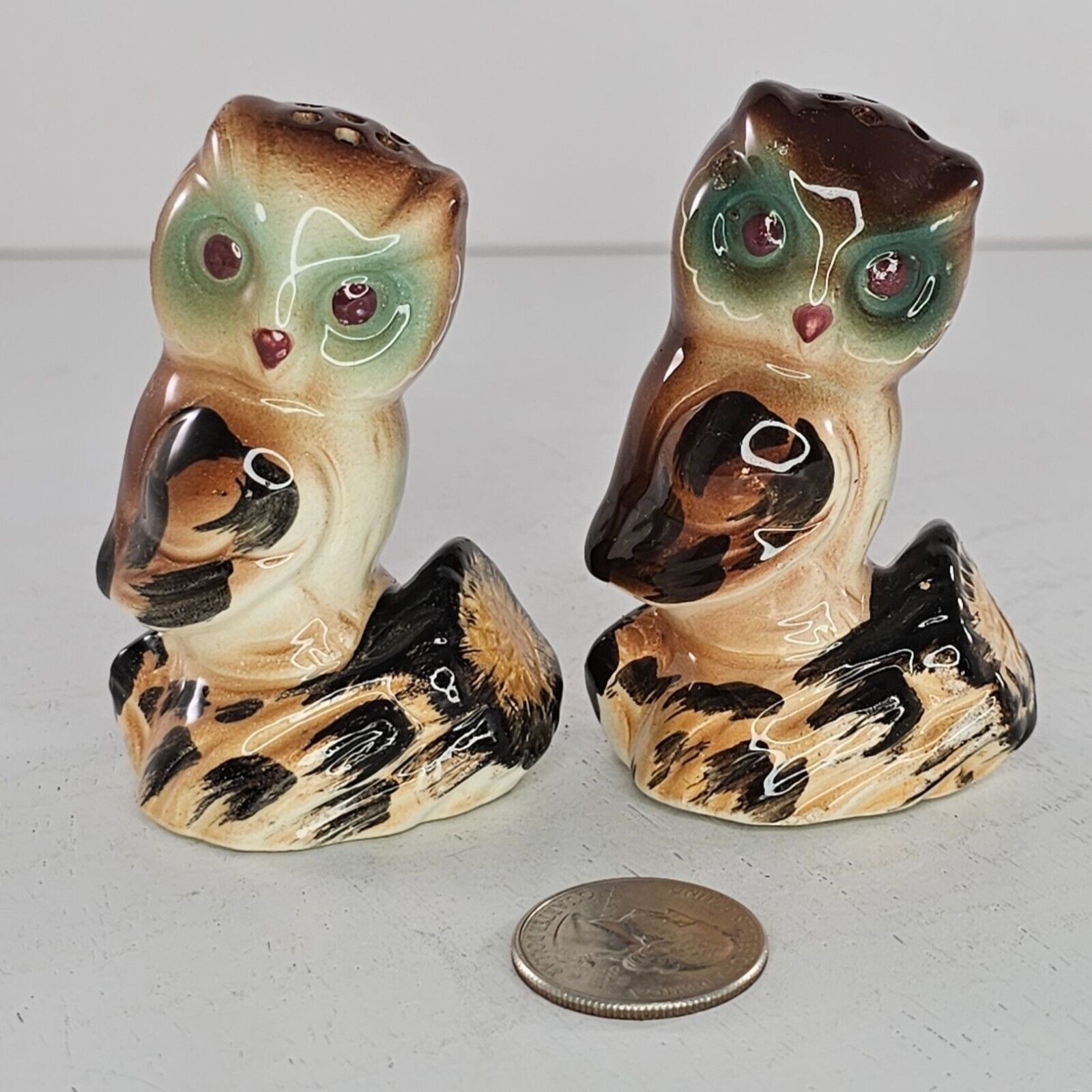 Primary image for Vintage Japan Owl Salt Pepper Shaker Set Ceramic Brown Green