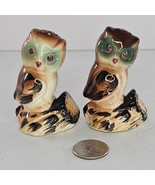 Vintage Japan Owl Salt Pepper Shaker Set Ceramic Brown Green - £18.92 GBP