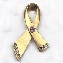 Avon Pink Stones Ribbon Pin Brooch Breast Cancer Awareness Gold Tone - £10.01 GBP