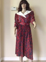 VINTAGE &#39;MERYL FASHIONS LTD&#39; RED BELTED  DRESS WITH WHITE COLLAR SIZE ME... - $18.70