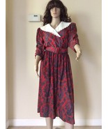 VINTAGE &#39;MERYL FASHIONS LTD&#39; RED BELTED  DRESS WITH WHITE COLLAR SIZE ME... - £14.70 GBP