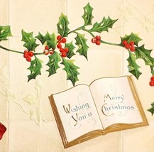 1900s Greeting Card Postcard Merry Christmas Holly Embossed Ephemera E83B - $19.99