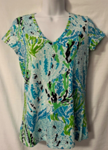 Lilly Pulitzer Blue Lets Cha Cha 100% Cotton V-Neck Short Sleeve Size XS... - £20.38 GBP