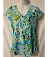 Lilly Pulitzer Blue Lets Cha Cha 100% Cotton V-Neck Short Sleeve Size XS... - £20.46 GBP