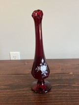 Vintage Retro Fenton Ruby Swung Bud Glass Vase Hand Painted Rose Floral ... - £18.87 GBP