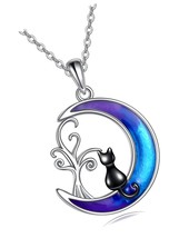 Moon Black Cat Necklace for Women Tree of life Cat - £95.81 GBP