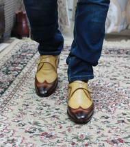 Handmade men&#39;s Tan Brown Wingtip Monk Leather Shoes, Men&#39;s Monk Dress Shoes - £115.87 GBP+