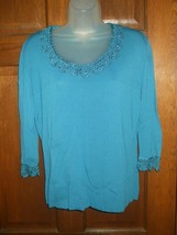 Sara &amp; Lily Teal Blue Crochet Lace Trim Neck &amp; Sleeves Knit Top - Size XL - £13.29 GBP
