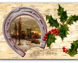 Holly Winter Town Scene Horseshoe Birch Pattern Embossed Christmas Postc... - £3.84 GBP
