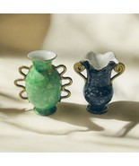 Vtg Set Of 2 Hand Painted Porcelain Mini Handled Vases Urns Green Blue J... - $264.64 MXN
