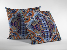 16&quot; Orange Blue Boho Indoor Outdoor Throw Pillow - £41.46 GBP