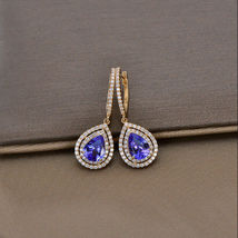 4.0CT Pear Cut Blue Sapphire Halo Drop &amp; Dangle Earrings 14K Rose Gold Finish - £72.86 GBP