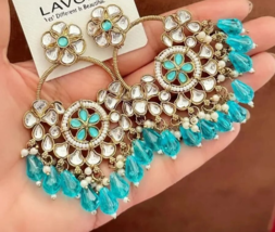 Bollywood Style Gold Plated Indian Kundan Earrings Light Blue Jewelry Set - $28.49