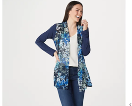 Belle by Kim Gravel Open-Front Mixed Media Cardigan Navy Sapphire Small - £11.03 GBP