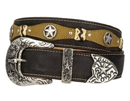 Cowboy Western Dress Belt Concho Overlay Studded Real Leather Dark Brown Cinto - £27.96 GBP