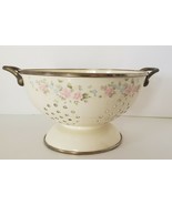 Vintage Enamelware Cream Colander/Strainer W/ floral pattern and Brass H... - $28.99