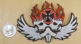 IRON CROSS TWO SKULLS &amp; WINGS IRON-ON SEW-ON EMBROIDERED PATCH 4 1/8&quot;x 2... - £3.82 GBP