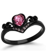 Rose Pink Heart Black Ring Stainless Steel TK316 - £12.58 GBP