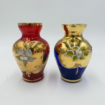 Vintage Murano Art Glass Vecchia Italy Ruby &amp; Cobalt Gold Mini Vases 4.5... - $67.50