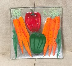 Rare Signed Fused Glass Square Plate Carrots And Peppers Vegetables - $39.60