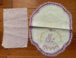 Vintage Embroidered Lady with crocheted edge linen doily set #31b - $11.40