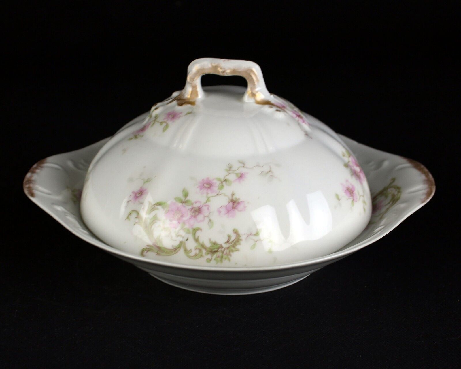 Primary image for Theodore Haviland Pink Roses Green Scroll Butter Dish w Strainer, Schleiger 144B