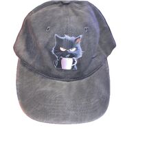 Cool &quot;Cat Drinks Coffee&quot; Print, Distressed Grey Baseball Cap - $364.99 MXN