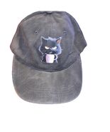 Cool &quot;Cat Drinks Coffee&quot; Print, Distressed Grey Baseball Cap - $361.43 MXN