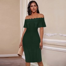 Green Color Ladies HL age Dress Ruffles Slash Neck Bodycon Knee-Length Dress Eve - £95.92 GBP