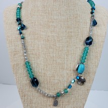 Vintage Casual Career Turquoise Blue Silver Tone Beaded Necklace 36&quot; - £15.84 GBP