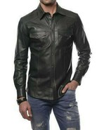 Camicia da uomo in vera pelle di agnello elegante nera fatta a mano alla... - $220.69 CAD+