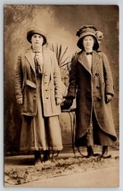 RPPC Two Lovely Ladies Striped Coat Large Hat c1915 Studio Photo Postcard S30 - £14.15 GBP