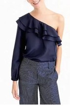 NWT J.Crew navy blue one shoulder silk top with ruffles balloon sleeve s... - $701.08 MXN