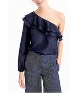 NWT J.Crew navy blue one shoulder silk top with ruffles balloon sleeve s... - $696.01 MXN