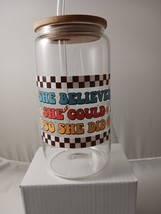 Glass Cup, Bamboo Lid, Straw, 16 Oz, UV DTF Sticker Applied, She Believe... - $14.03