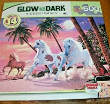 Jigsaw Puzzle 500 Pieces Wild Horses On Beach Palm Trees Glow In Dark Complete - $12.86