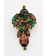 Vintage Emerald Green Glass Cabochon Gold Fluss Dangle Brooch Pin - £155.74 GBP