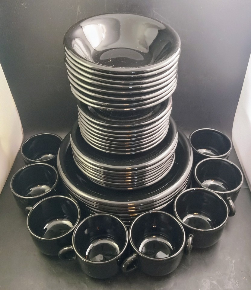 Newcor China BRAVO Black Stoneware Complete 8-Place Dish Set 1994 With T... - $310.00