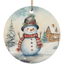 Vintage Snowman In Snowy Winter Christmas Ornament Xmas Gift Pine Tree Decor - $15.79