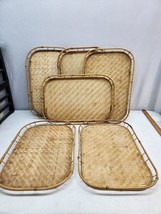 Vtg Set 6 Bamboo Woven Rattan Trays Wicker Tiki Bar Retro Wood MCM 19 x 13 BBQ - £50.11 GBP