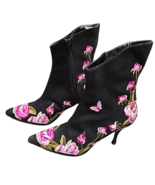 Beverly Feldman Black Boots Heels Embroidered Roses Vintage 7 1/2 M neve... - $122.23 CAD