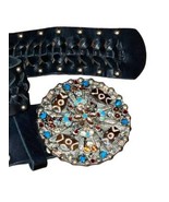 Vintage Leatherock USA Jeweled Turquoise Woven Black Leather Belt &amp; Meta... - $78.21
