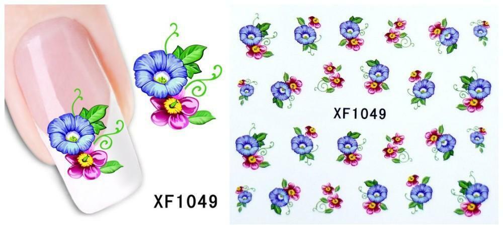 Nail Art Water Transfer Sticker Decal Stickers Pretty Flowers Blue Pink XF1049