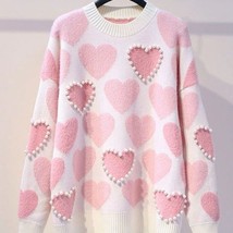 Pearl Beaded Heart Knit Turtleneck Sweater Pullover Women Top - £38.59 GBP