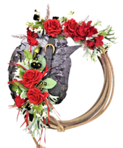 RUSTIC WESTERN HORSE Head Rope Wreath, with red roses, ferns, small wild flowers - £141.22 GBP