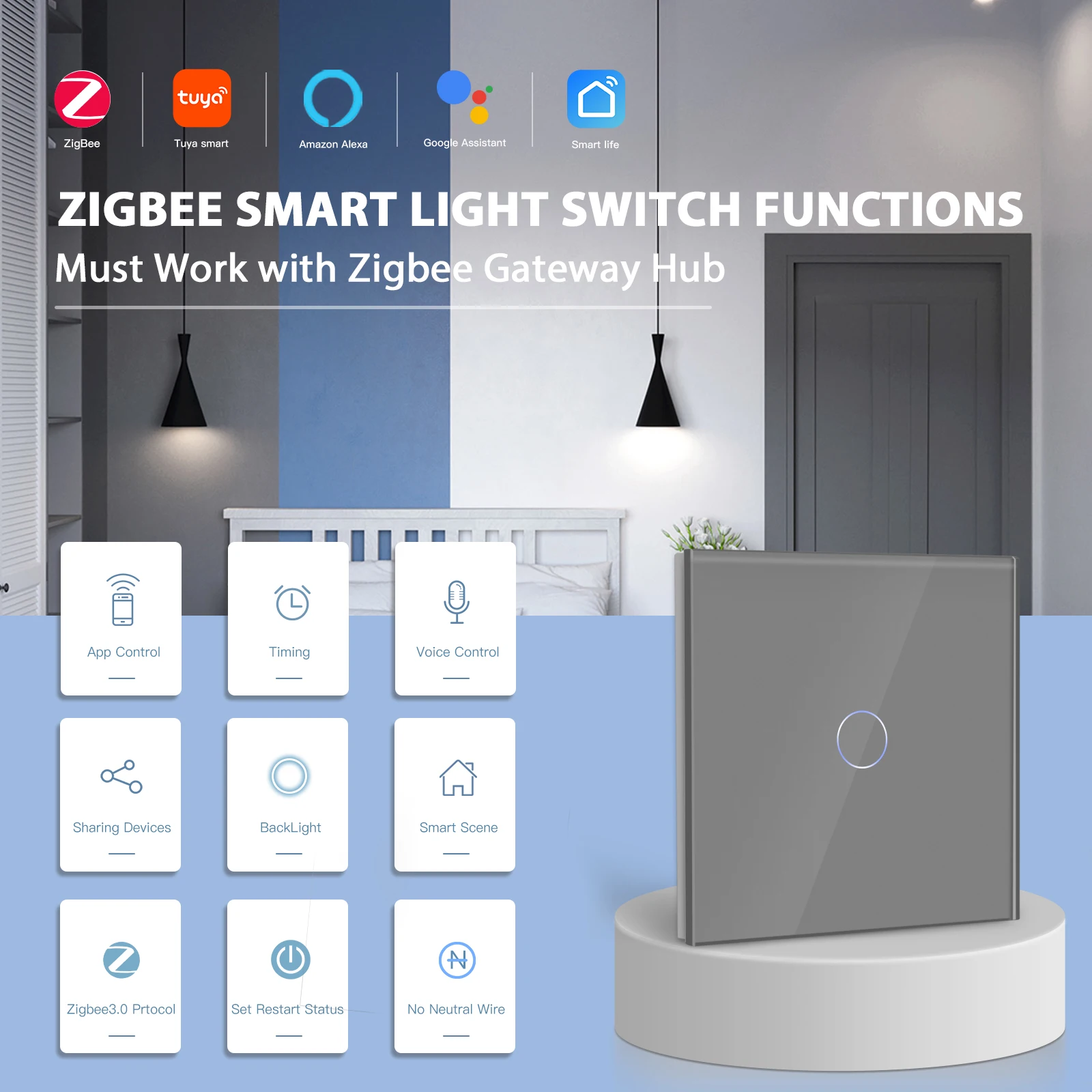 House Home BSEED Smart Zigbee Switches 1/2/3Gang 1Way Wifi Touch Light Switch Wa - £45.62 GBP