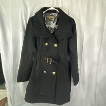 GUESS Los Angeles WOOL Button Double Breasted Black Trench Coat Women&#39;s Size M - £48.61 GBP