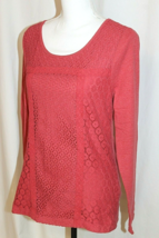 Lucky Brand Blouse Woman Size Large Orange Round Neck Long Sleeve Crochet Front - £10.95 GBP