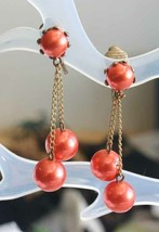 Elegant Orange Faux Pearl Gold-tone Drop Clip Earrings 1960s vintage 1 3/4&quot; - $12.30