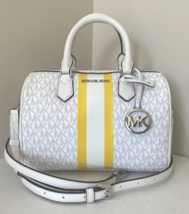 New Michael Kors Bedford Small Duffle Satchel Bright White with Yellow Stripe - £91.27 GBP